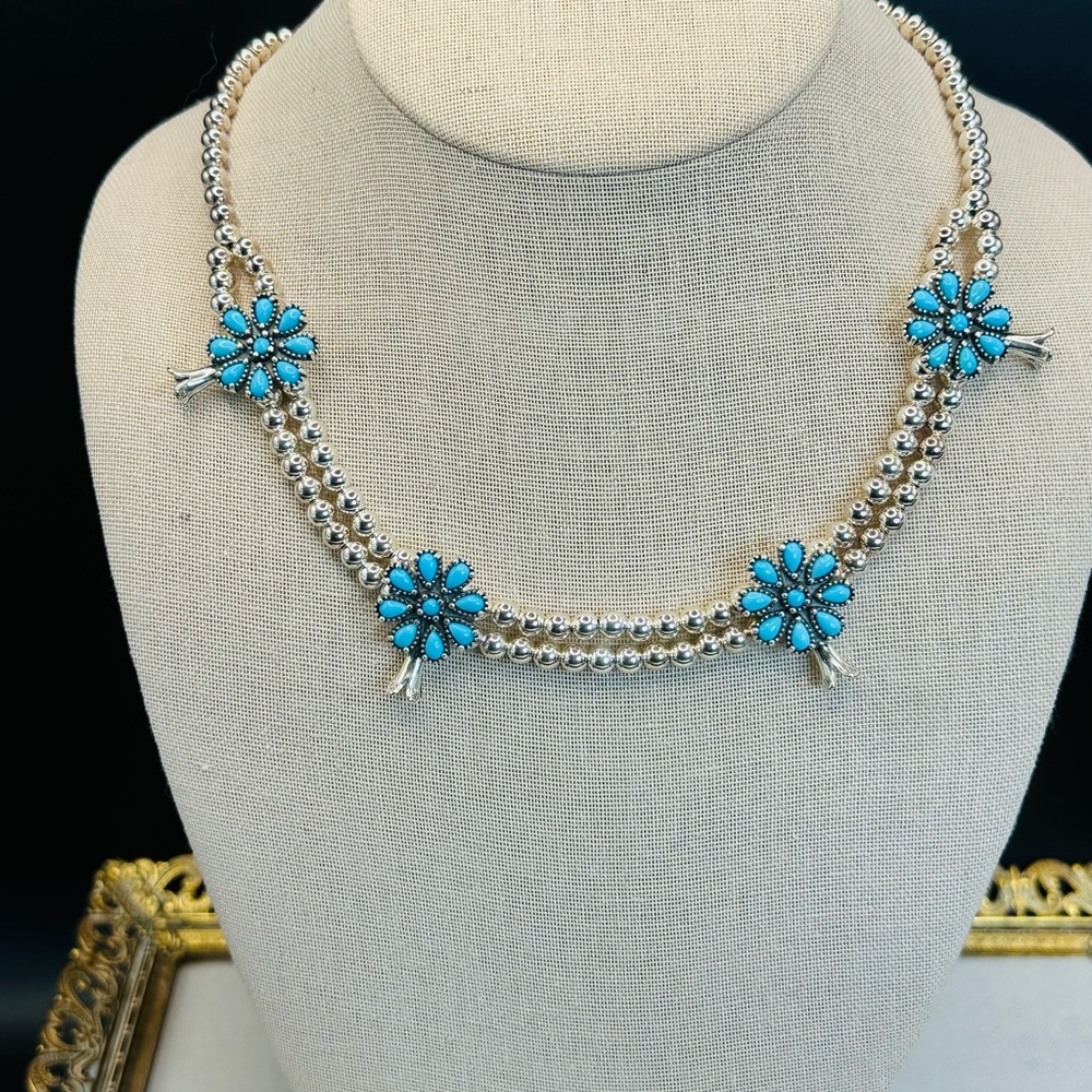 Carolyn Pollack 925 Sterling Silver West Turquoise Squash Blossom Necklace - Picture 7 of 8
